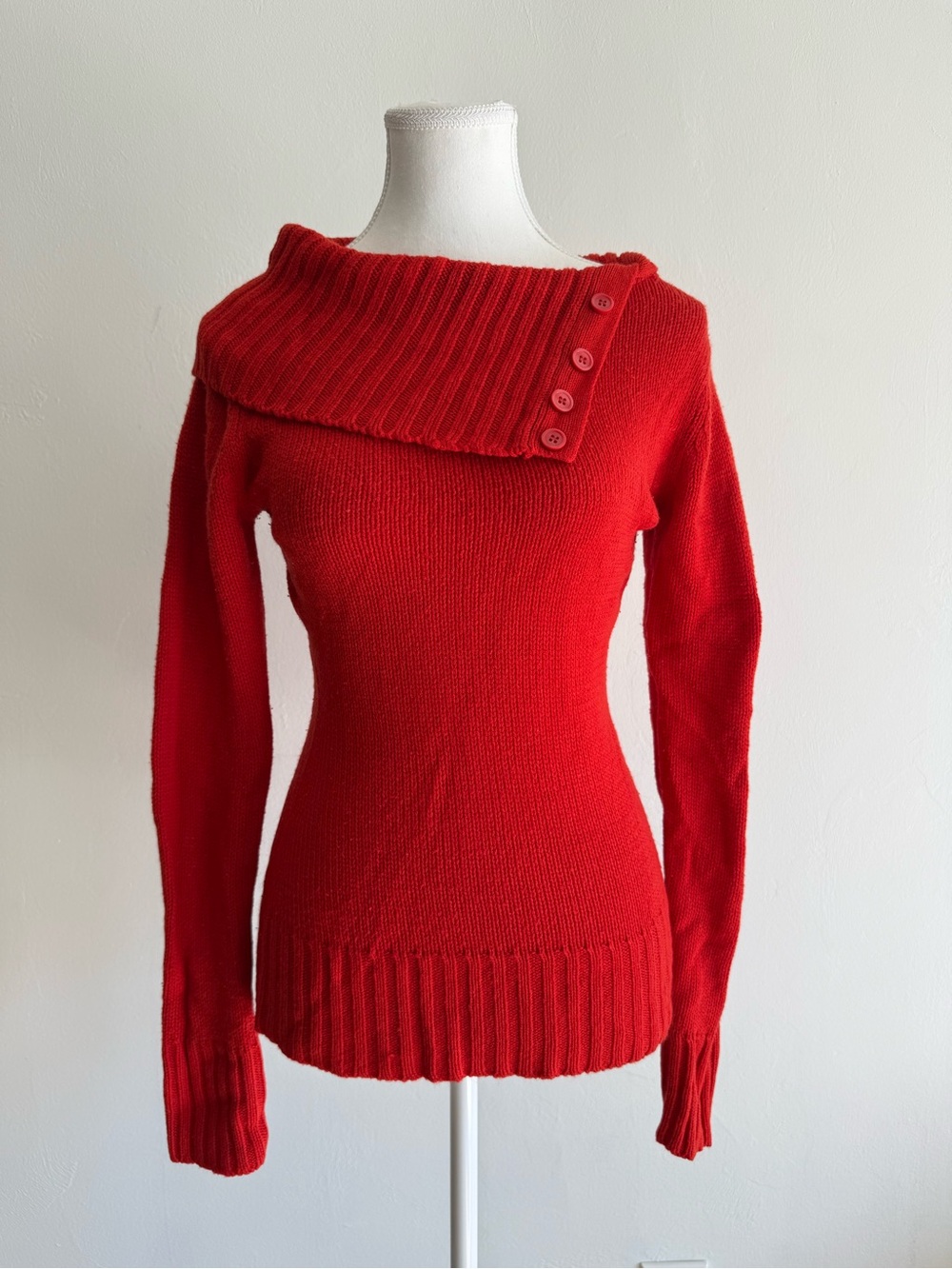 Planet Gold Red Asymmetrical Foldover Collar Button Sweater L Off Shoulder Y2K